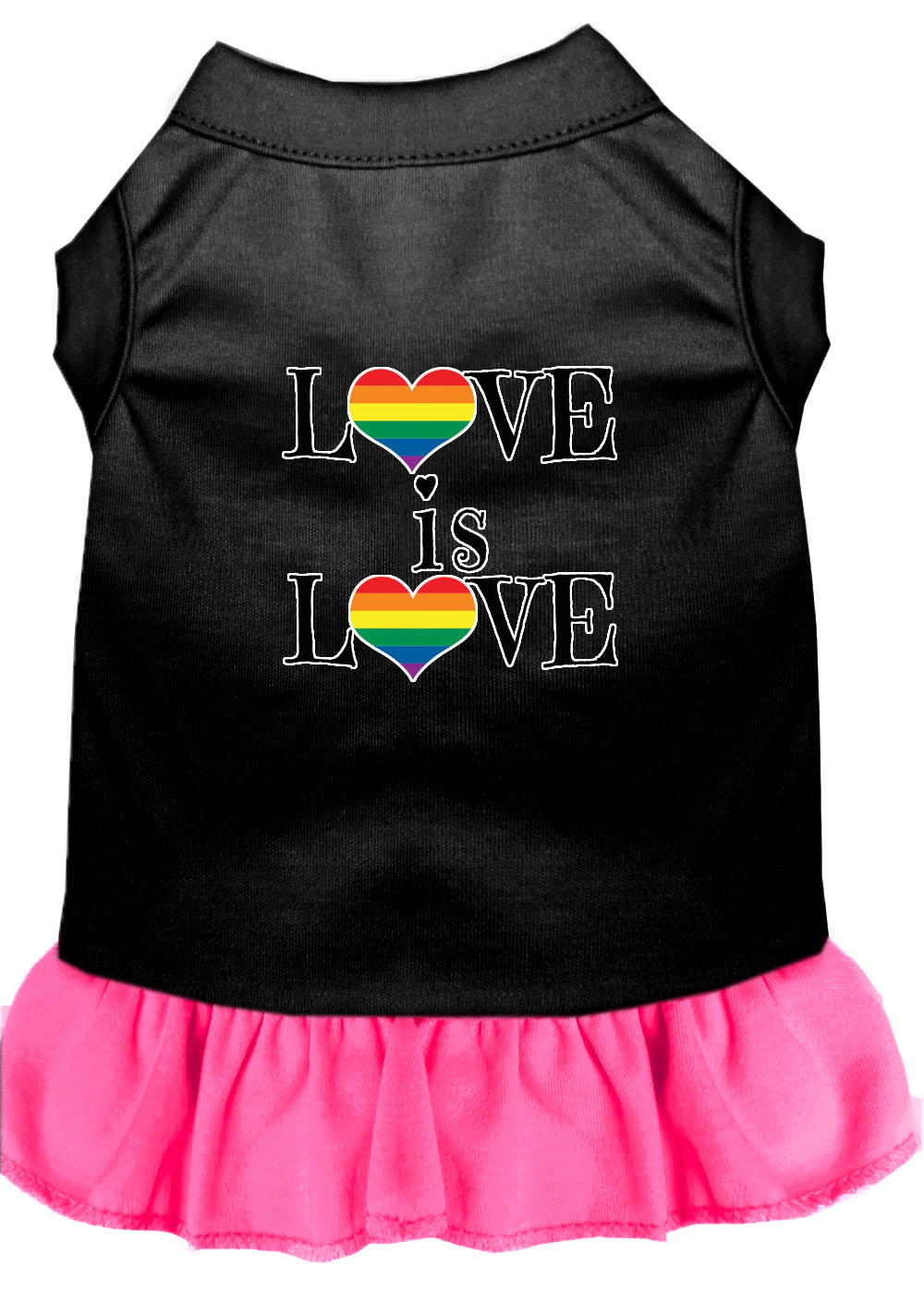 Love is Love Screen Print Dog Dress Black with Bright Pink Lg
